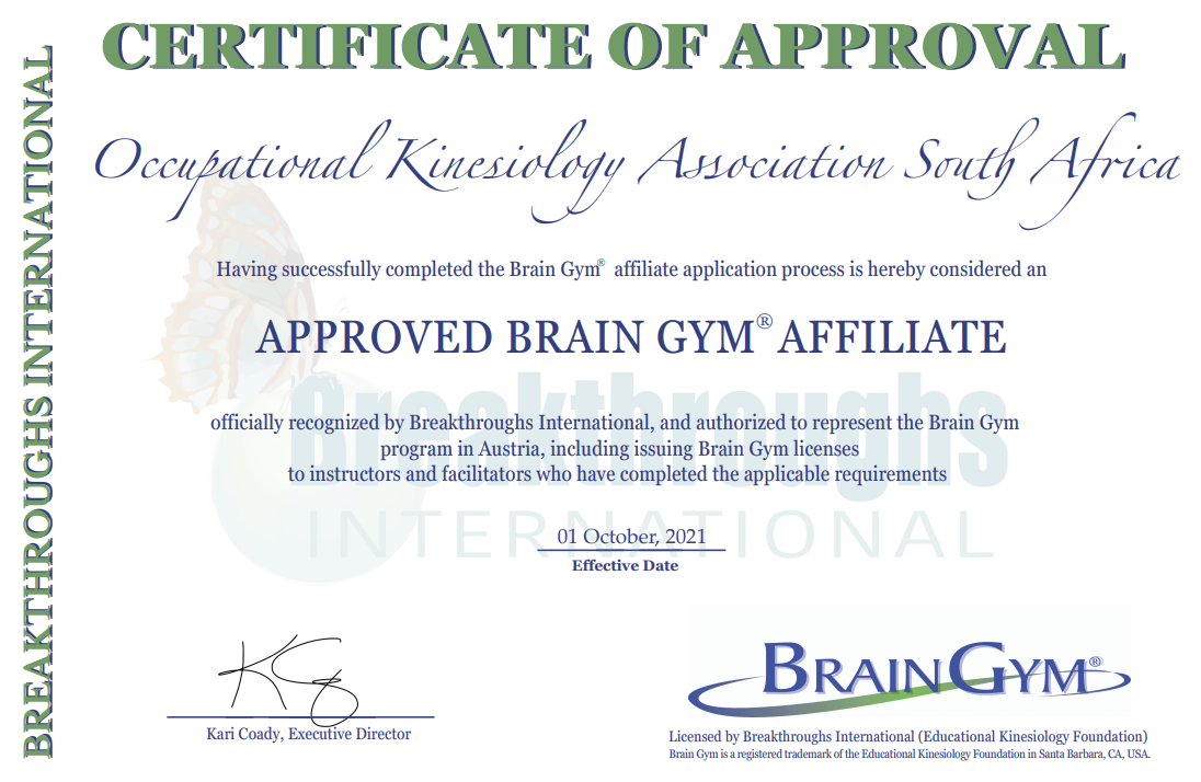 Certificate of Approval — Occupational Kinesiology Association South Africa, Approved Brain Gym Affiliate